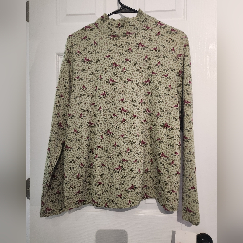 Croft & Barrow 100% Cotton Cardinal Print Turtleneck (PXL)